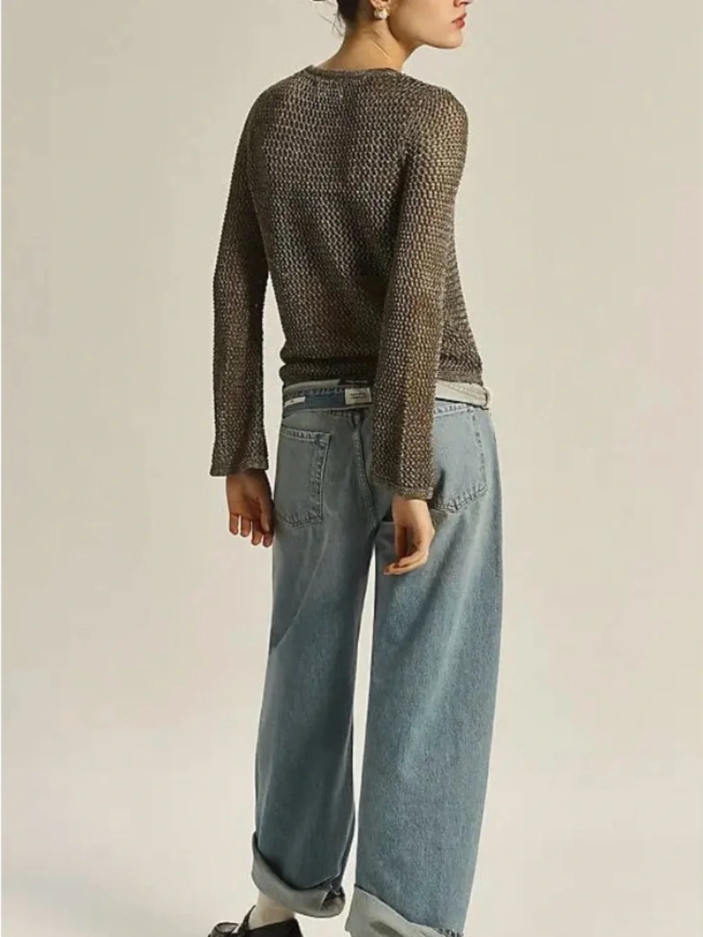 Anthropologie Metallic Open-Knit Long Sleeve Top - Bronze